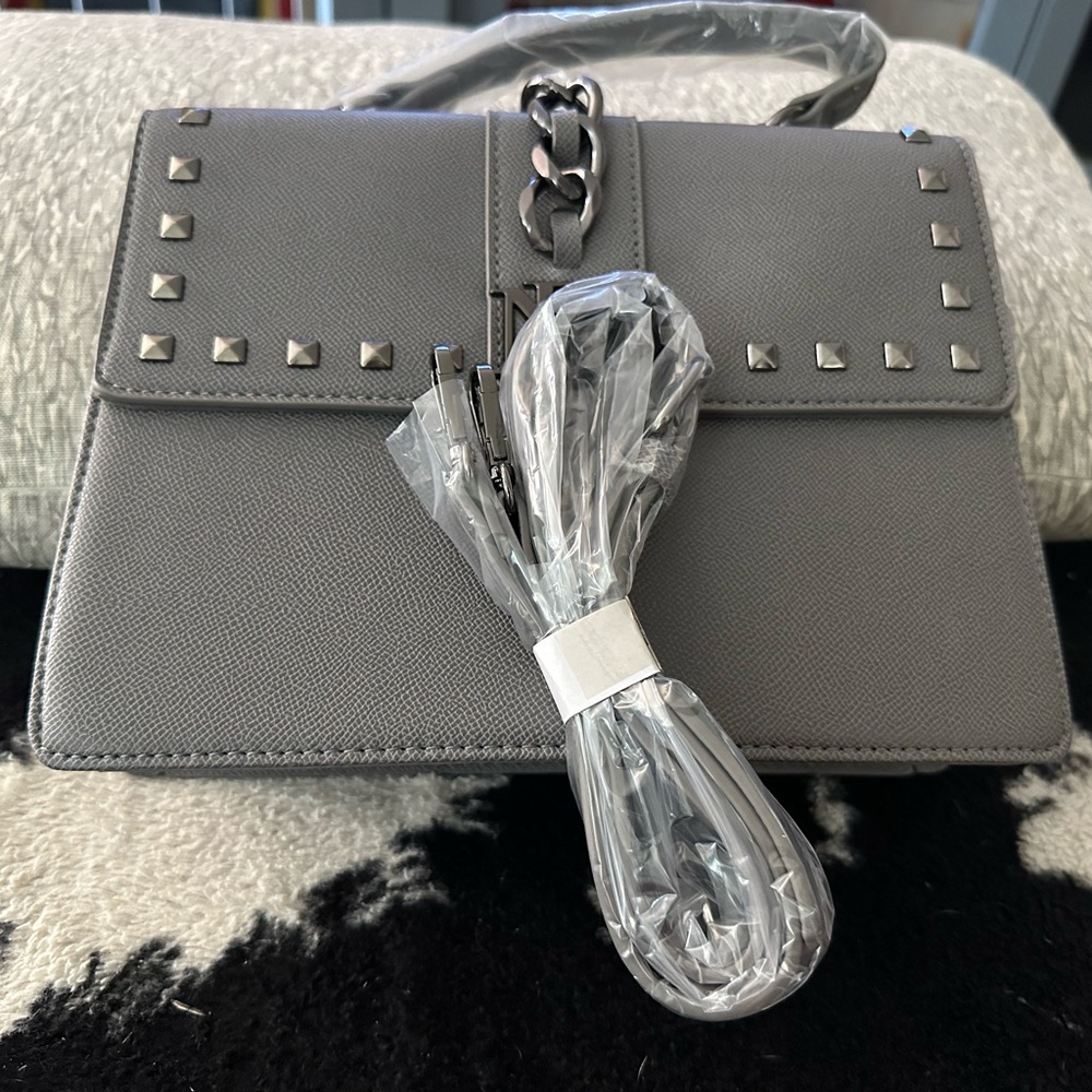 Badgley Mischka Elegant Gray Handbag Studded with GunMetal Accents